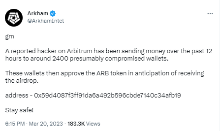 某黑客向2400个私钥泄露地址发送以太坊并授权ARB合约，企图抢先领取ARB空投1