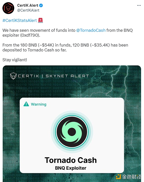 BNQ攻击事件中的黑地址(0xdf790)已将资金转至Tornado Cash-第1张图片-binance下载
