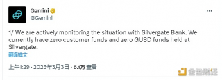 Gemini：在Silvergate Bank上没有存放GUSD和客户资金