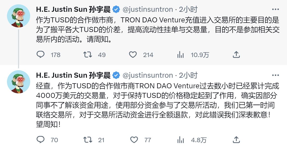孙宇晨：TDV向交易所充值意为提升TUSD流动性，误参与兑换活动的部分已安排全额退款
